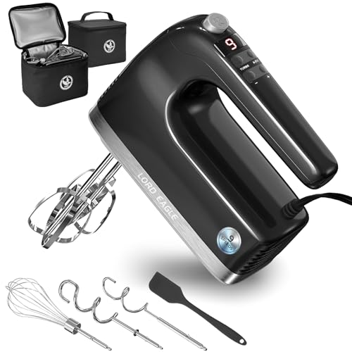 Image of Lord Eagle 9-Speed Digital Hand Mixer Electric Handheld, 500W DC Motor Kitchen Mixer for Cake Baking, Lightweight Egg Beaters with Stain-resistant & Waterproof Storage Bag & 6 Accessories, Black