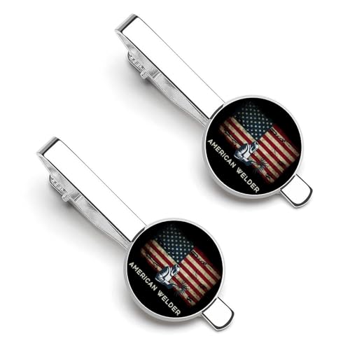 America Welder Theme Tie Clip for Men,Round Tie Bar Clips And Cufflinks Set for Luxury Clothing Accessories 2 Pcs