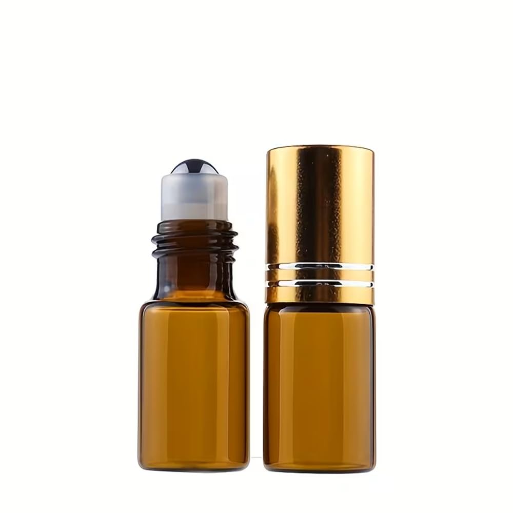 CMJ™ 2 x 2ml Amber Brown Metal Roller Ball Glass Bottles with GOLD SILVER Lid Roll On Essential Oils UK Seller (Two Bottles)