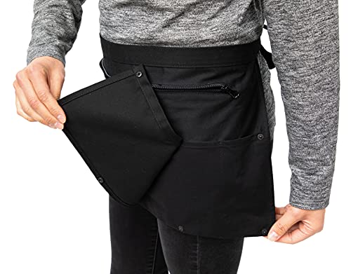 Server Plus Waist Apron with 8 Pockets including Secure Zipper Pocket - Black Waitress Waiter Server Short Apron with 2 Removable Covers