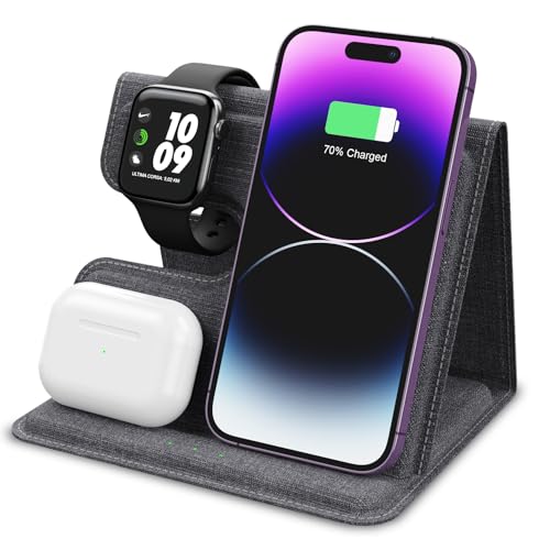 3-in-1 Foldable Wireless Charging Station, PU Leather Stand for iPhone, AirPods, iWatch & More, with 18W Power, Efficient Induction, Intelligent Indicator, Dual Coil & Type-C Input