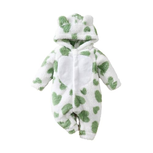 Generisch Pijama de bebé con capucha y estampado de corazón de franela con forro polar para bebé, invierno, otoño, hogar, juegos al aire libre, verde, 12-18 meses