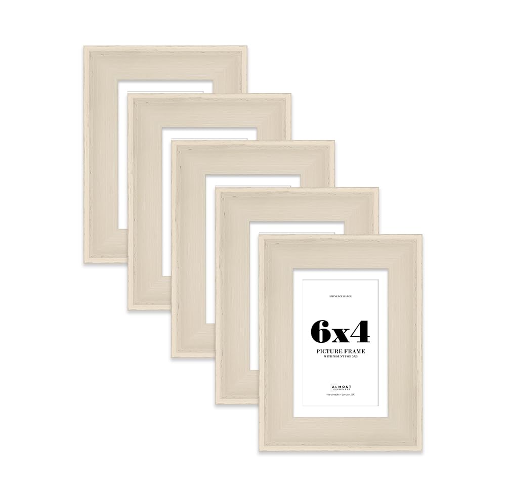 6x4" Cream Picture Frame with 5x3" Mount - Shabby Chic Photo Frame with Distressed Finish, Wall Hooks and Kickstand, 32mm Edge - 5 Pack