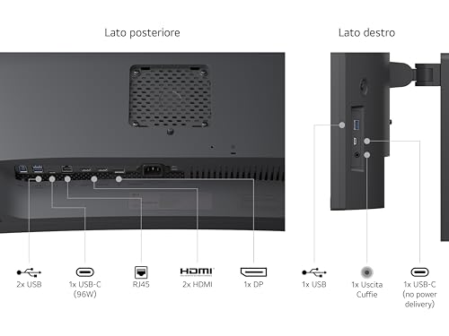 34U650A Monitor UltraWide 21:9 Curvo 34" WQHD (3440x1440), IPS, HDR 10, sRGB 99%, Speaker Stereo 14W, USB-C Hub USB, Stand regolabile, Nero - Hub USB - Immagine 7