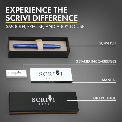 SCRIVI PENS Luxury Fountain Pen Set-[Blue] Fountain Pens for Writing - Smooth Extra Fine Nib - Includes Refillable Ink Converter, 5 Ink Cartridges [Black & Blue], Gift Box - Elegant Calligraphy