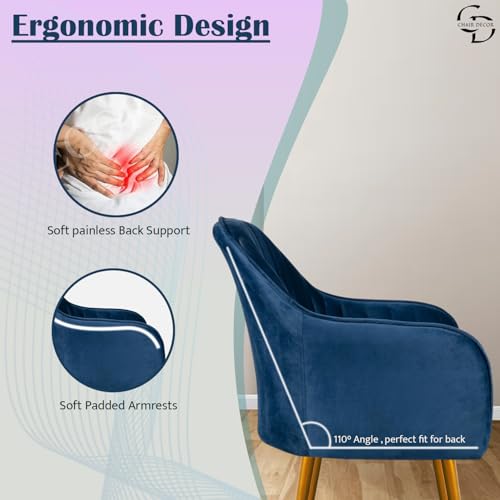 Image of Velvet Accent Chair | Luxury Upholstered Armchair with Sturdy Metal Legs | Modern Comfortable Chair for Living Room, Bedroom, Office, or Cafe (Golden Legs, Blue Set of 2)