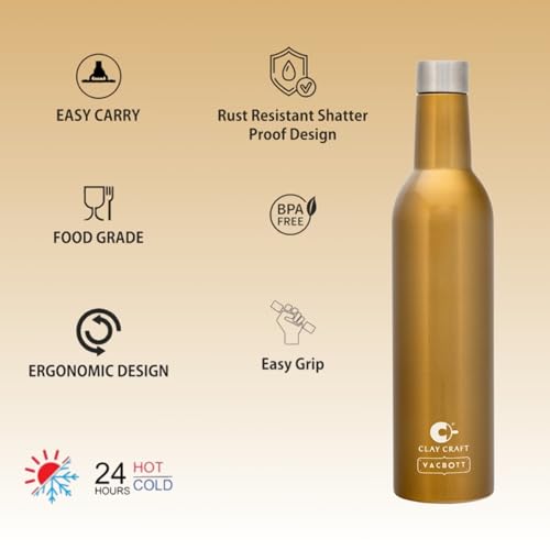 Image of Clay Craft Vacbott IVY Wine Double Walled|18 Hours Hot and 24 Hours|Cold Vacuum Insulated Flask Bottle|2 Piece, 1000 ml Steel Bottles for Travelling|BPA-Free|BIS Certified|1Year Limited Warranty
