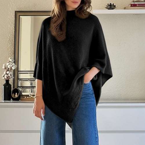 JiXiang Poncho Sweater Women Mock Neck Batwing Sleeve Fall Trendy Casual Knit Pullover Irregular Hem Elegant Cape Wrap Tops - image 3
