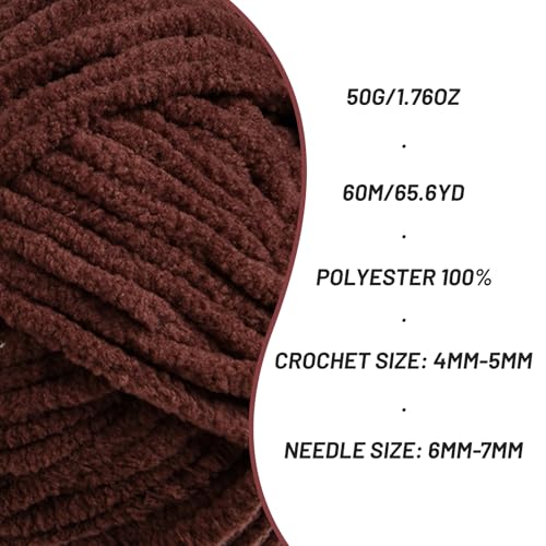 Image of 3 Packs Plush Chenille Chunky Crochet Yarn - Baby Yarn for Crocheting Soft - Velvet Yarns Knitting for Blankets Crafts - Fluffy Amigurumi Yarns 150g / 196.8yds(3 Dark Coffee)