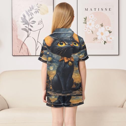 ALAZA Cat Sky Galaxy Nebula Van Gogh Satin Pajamas Set Short Sleeve Button Down Sleepwear Summer Pjs 2 Piece4