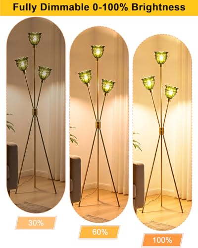 Image of 3-Light Tripod Glass Floor Lamp, Gold Standing Lamp with Green Tulip Lace Glass Shade, Rotary Dimmable LED Floor Lamp for Living Room Bedroom Home Office Sofa Beside Corner Decor, Bulb Included