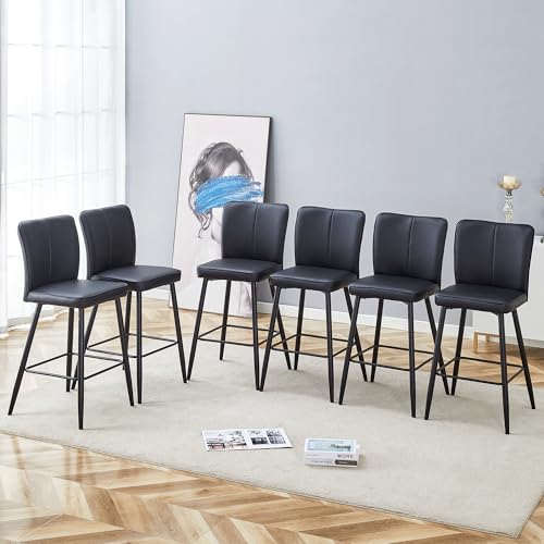 Image of Counter Height Bar Stools Set of 6,27''Kitchen Island Stools with Back,Black Barstools with Sturdy Metal Legs,Modern Bar Stools Ideal for Kitchen Island Pub Cafe(Faux Leather-Black)