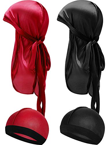 Image of 4 Pieces Kids Silky Durag with Wave Caps Set Unisex Baby Durags Long Tail and Wide Strap Headwraps Turban Beanies
