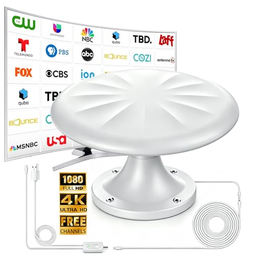 RV TV Antennas Roof Mounted, Portable RV Antenna for Camper, 720° Long Range Omni Directional Reception Digital HD Antenna Signal, with Super Signal Booster, 35ft HDTV Cable. (WHITE02)