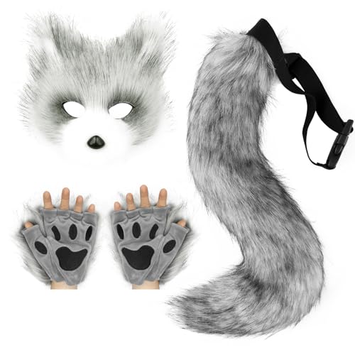 Adolala Faux Fur Fox Tail Cat Wolf Set Plush Mask Fluffy Paw Gloves Halloween Christmas Party for Women