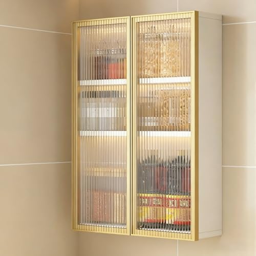 Armario de pared de aluminio y vidrio, organizador de almacenamiento de 2 niveles con puertas de vidrio templado, alacena flotante para cocina, baño y sala de estar(White,50*15*70cm/19.7*5.9*27.6in)