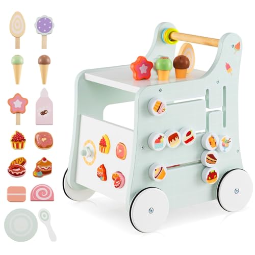 6 in 1 Wooden Baby Walker, Play Kitchen Playset, Toddler Push Learning Activity Walker with Wheels Shape Sorter Movable Slider, Montessori Educational Toy for Girls Boys 1-3 (Pale Green)