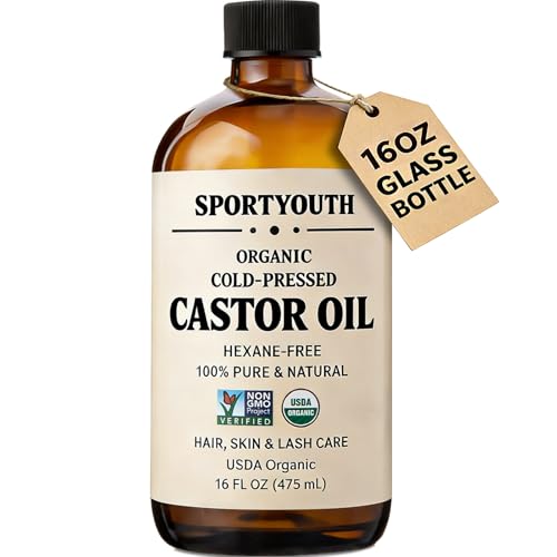 Image of SPORTYOUTH Organic Castor Oil, Cold Pressed, Glass Bottle 16oz, USDA Certified Organic, Hexane Free, 100% Pure, Non-Gmo, Vegan for Hair, Face, Skin, Lash, Brow, Body, Massage, Oil Pack Wrap