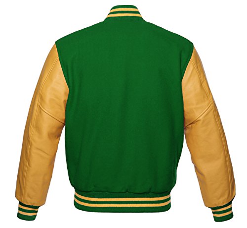 Varsity Jacket Letterman Baseball College Jacket Fashion Green Wool Body And Gold Leather Sleeves Jackets (L, Green / Gold) #TOP1