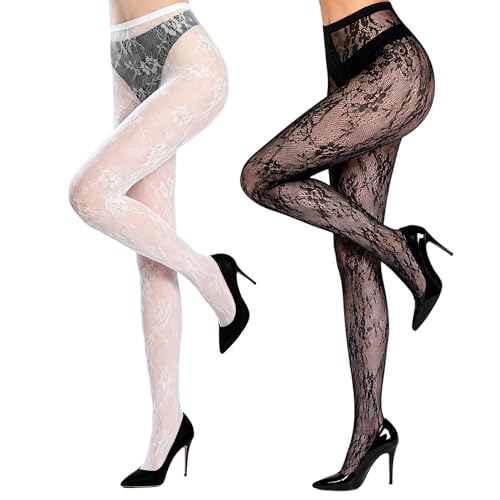 Image of 2 Pairs Lace Tights Black White Patterned Tights for Women Fishnet Stockings for Women Halloween Costumes Parties