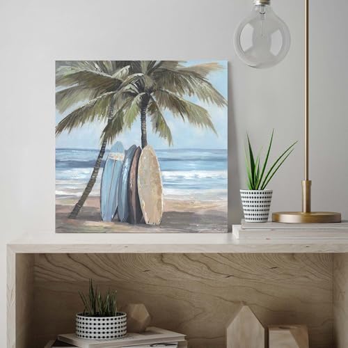 Beach Wall Art Canvas Bathroom: Coastal Surfboard Picture Ocean Sea Print Decor Palm Tree Tropical Artwork Seascape Seaside Painting for Living Room Bedroom 16 x 16 Inch - Image 4