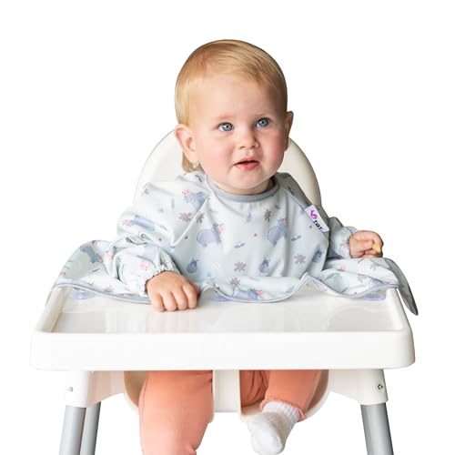 Tidy Tot Cover & Catch Weaning Bib with Sleeves. Attaches to Highchairs with Suction for Mess Proof Baby Feeding. Waterproof Long Sleeved Bibs. Coverall BLW Bibs