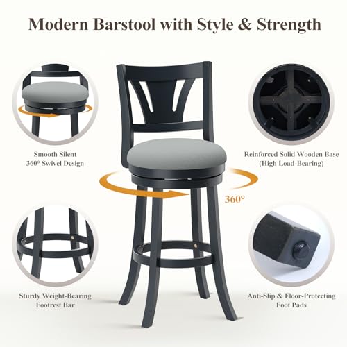 Image of MALOL Swivel Bar Stools Set of 3, 30 Inch Bar Height Barstool with Silent Rotation, High-Density Foam Cushion, Solid Wood Frame, Footrest & Anti-Slip Pads for Kitchen Islands and Home Bars, Grey