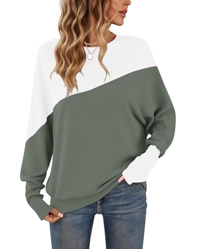 WNEEDU Langarmshirt Damen Rundhalsausschnitt Patchworkfarbe Herbst Sweatshirt Enge Manschetten Pullover Damen Olivgrün L WNEEDU Langarmshirt Damen Rundhalsausschnitt Patchworkfarbe Herbst Sweatshirt Enge Manschetten Pullover Damen Olivgrün L