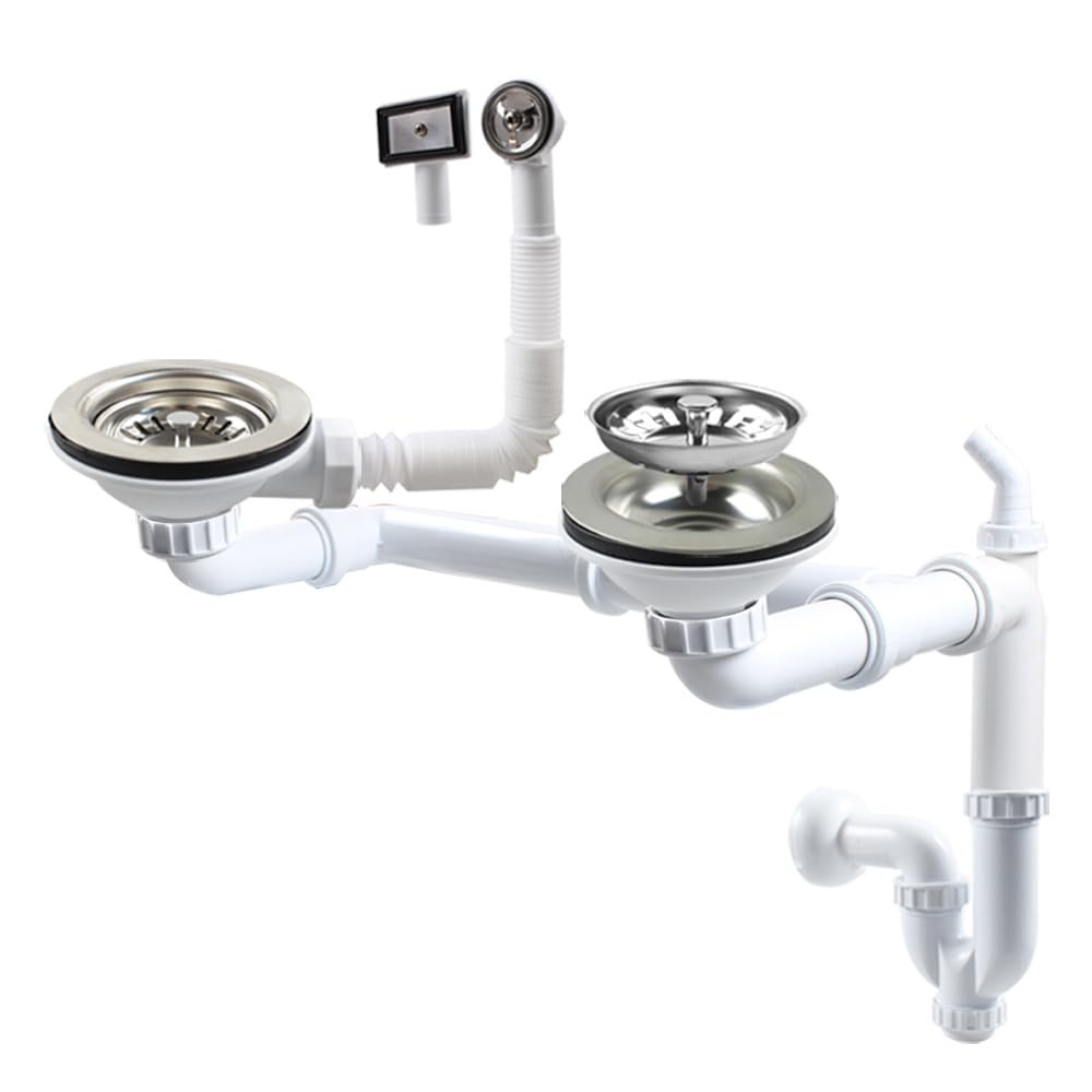 Talea Garniture de vidange double avec trop-plein, diamètre 114 mm, blanc, ensemble complet pour évier de cuisine, convient pour éviers avec une ouverture de 83–90 mm Z7008C029 (passage mural pour