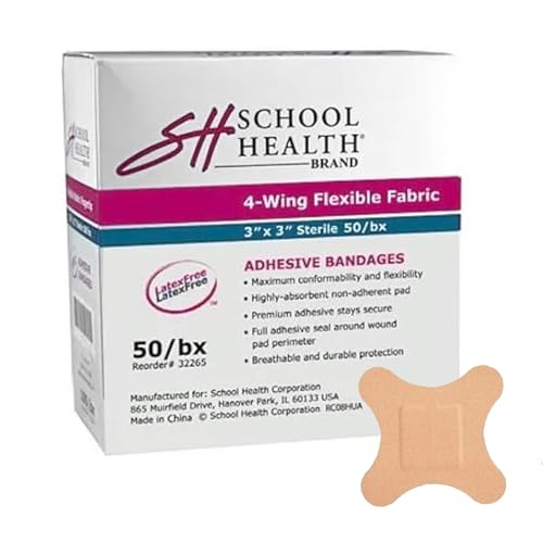 School Health Adhesive Bandages – Comfortable Form‑Fitting 4‑Wing Flexible Fabric Bandage 3″ × 3″ (50/Box) – Premium Adhesive Stays Secure During Movement for Cuts, Scrapes & First Aid Wound Care