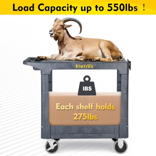 ELAFROS Heavy Duty Plastic Utility Cart Flat top 37 x 18.8 Inch - Work Cart Flat Shelves and 2 Swivel 2 Fixed Wheels Safely Holds up to 550 lbs - 2 Tier Service Cart Mail cart, Gray - Thumbnail 6