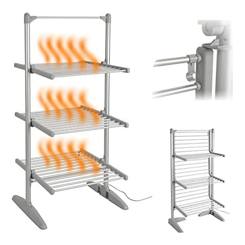 QCLUEU Electric Dryer Clothes Airer, 3-Tier Foldable Heated Electric Clothes Drying Rack, Home Heating Dry Racks, Foldable Standing Dry, Energy Saving and Easy Storage Cover