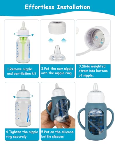 Image of Sippy Cup Conversion Kit with Silicone Sleeves for Dr Browns Narrow and Narrow Glass Baby Bottle 4oz, Weighted Straw Replacement Kit with Soft Straw Top and Handle,2-Pack，6m+
