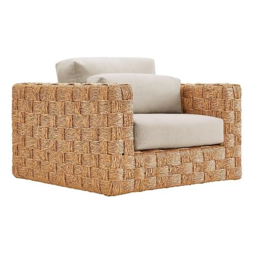 Modway Thames Wicker Rattan Outdoor Armchair - Natural Light Gray, UV-Resistant Deep-Seating Accent Chair with Cushion and Lumbar Pillow, Basket-Weave Patio Accent Chair for Backyard, Deck