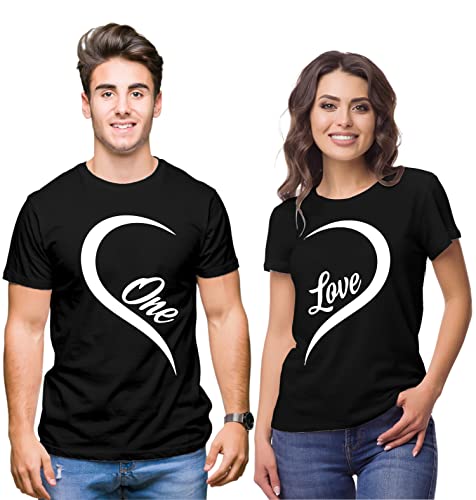 Image of Hangout Hub Hangout-Hub-NP21 Couple Tshirts for Couples | Printed One Love Heart T-Shirts | Men's and Women's Round Neck T-Shirt (Pack of 2, Cotton)