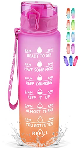 KEEPTO 32 oz Water Bottle with Straw - Motivational Water Jugs with Time Marker,BPA Free Drinking Bottles,Orchid Hot Pink Coral Ombre