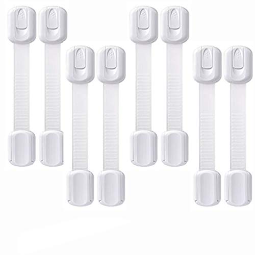 Child Safety Strap Locks 8 Pack No Drilling Adjustable Strap Latches with Strong Adhesive for Cabinet, Cupboard, Drawers, Fridge, ect. (White)
