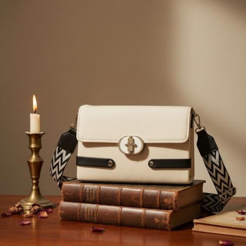 Image of Women's Premium PU Leather Crossbody Sling Bag | Stylish Beige Shoulder Bag with Adjustable Pattern Strap | Lightweight Casual Travel & Daily Use Handbag | Trendy Lock Closure Purse