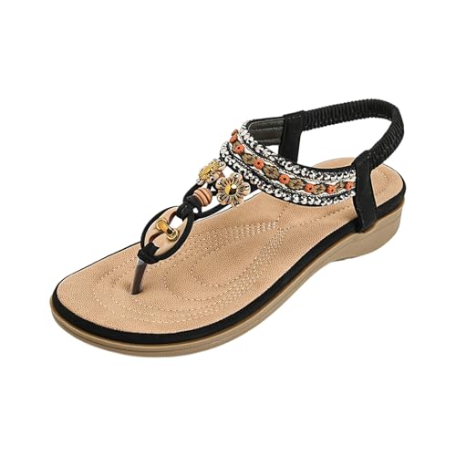 Sandalias planas de verano para mujer con pedrería de colores y ajuste elástico cómodo