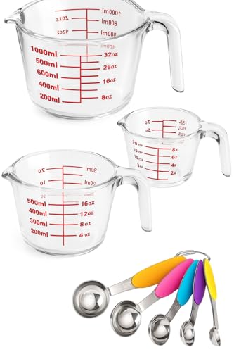3 Glass Measuring Cups Set 1000,500,250 ml (4-Cups, 2-Cups and 1 Cup) + 5 Measuring Spoons, Safe for Microwave, Freezer, BPA Free Premium Heat Resistant Borosilicate Glass by TIBLEN