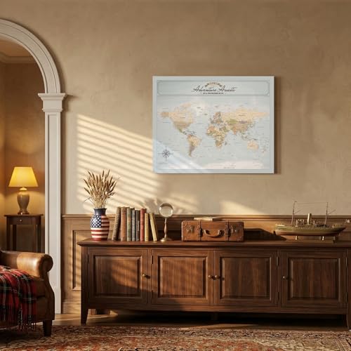 Image of IPIC - Blue Ocean World Map Pin Board Canvas Wall Art, Travel Map with Pins Included, Ready to Hang for Home or Office 30x24 Inch