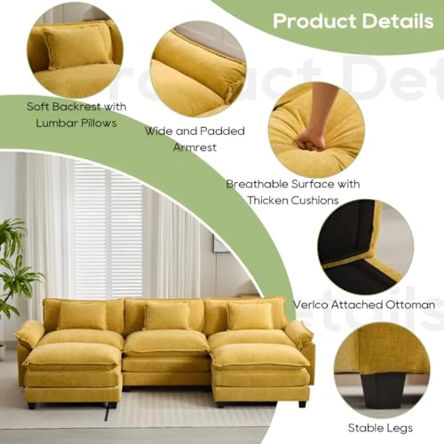 Image of Modern U Shaped Sectional Sofa, Plush Chenille Upholstery, Extra Deep Seats with Throw Pillows for Living Room Office Hotels (Yellow)