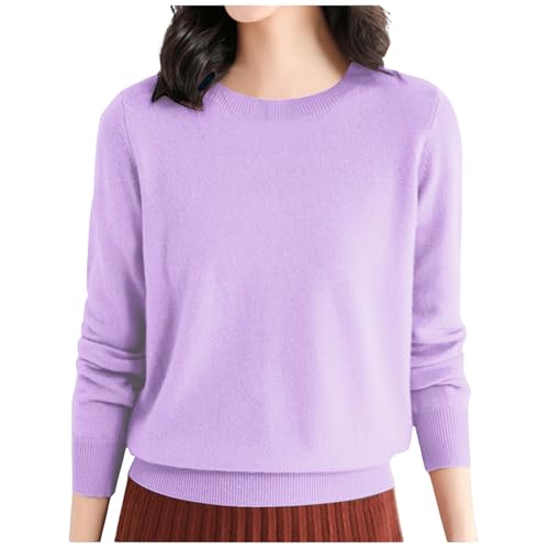Suéter básico para mujer, color liso, cuello redondo, ligero, de punto, cálido, suéter de invierno, otoño, invierno, suéter delgado de lana de cachemira, suéter de punto, S-3XL, 002 Light Purple, XL