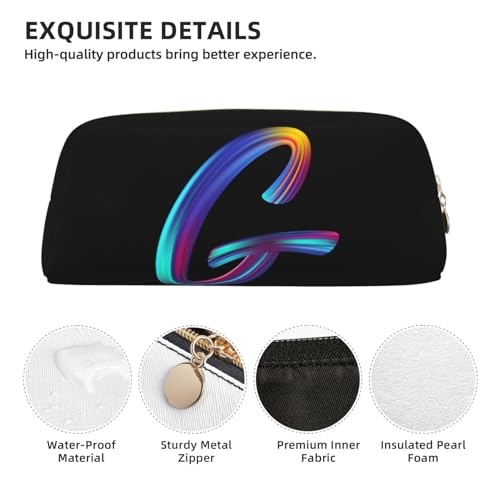 Image of Cute Initial Pencil Case for Kids Simple Leather Pencil Pouch for Boys Girls Letter Design Pencil Box Pen Bag Pencil Pouch Office Stationery Organizer, Rainbow Letter G