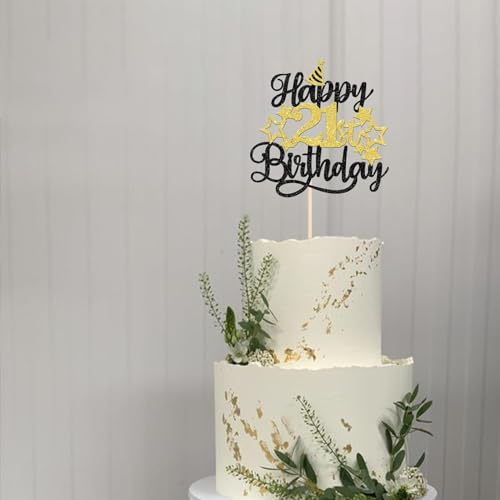 Image of Confetti! Glittering 21st Birthday Cake Topper with Star Hat - Cheers to 21 Years! Fabulous Cake Decorations for Adults 21st Birthday & Anniversary Party Supply