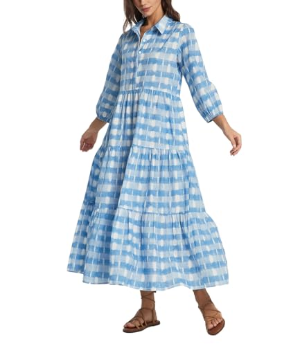 D-Sun Women Long Sleeve Maxi Dress V Neck Button Down Flowy Tiered Ruffle Shirt Dress Casual Fall Long Dresses