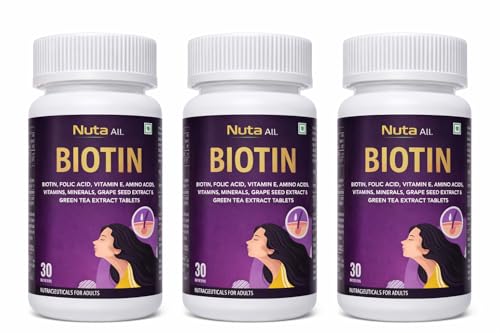 Image of Biotin Hair Growth Hair Vitamins Hair Skin Nails Supplement Hair Fall Support Hair Strength Skin Glow Nail Health Folic Acid Vitamin E Amino Acids Grape Seed Extract Green Tea Extract Antioxidant Beauty Supplement Men Women Nutraceutical, 90 Tablets, Pack of 3