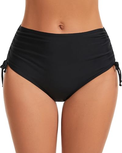 Vogueric Womens Bikini Bottoms High Waisted Swim Bottom Full Coverage Swimsuit Bottoms Side Tie Tummy Control Bathing Suit Bottom Black Large