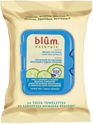 Blum Naturals Normal Skin Cleansing Towelettes Infused with Cucumber + Aloe Vera, 30 Count