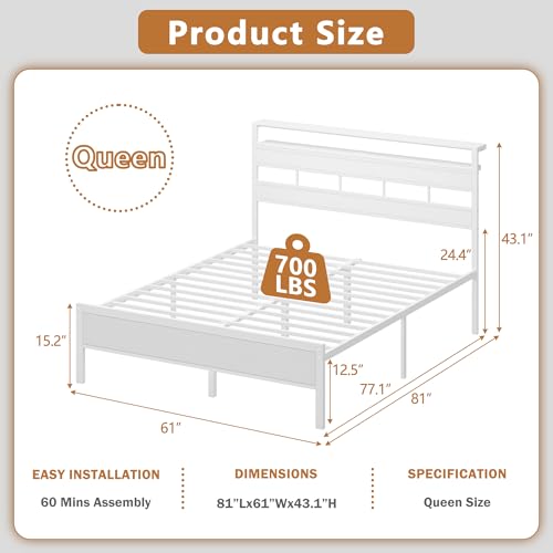 Image of Furnulem Queen Bed Frame with Storage Headboard and LED Lights, Metal Bedframe with Charging Station and USB Port, Queen Size Platform Bed with Heavy Duty Slats, No Box Spring Needed, White